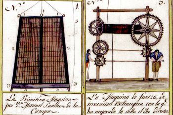 Privilegio nº 25 (detalles). A la izquierda: la campana de buceo de Manuel Sánchez de la Campa. A la derecha: máquina para arriar y descender la campana